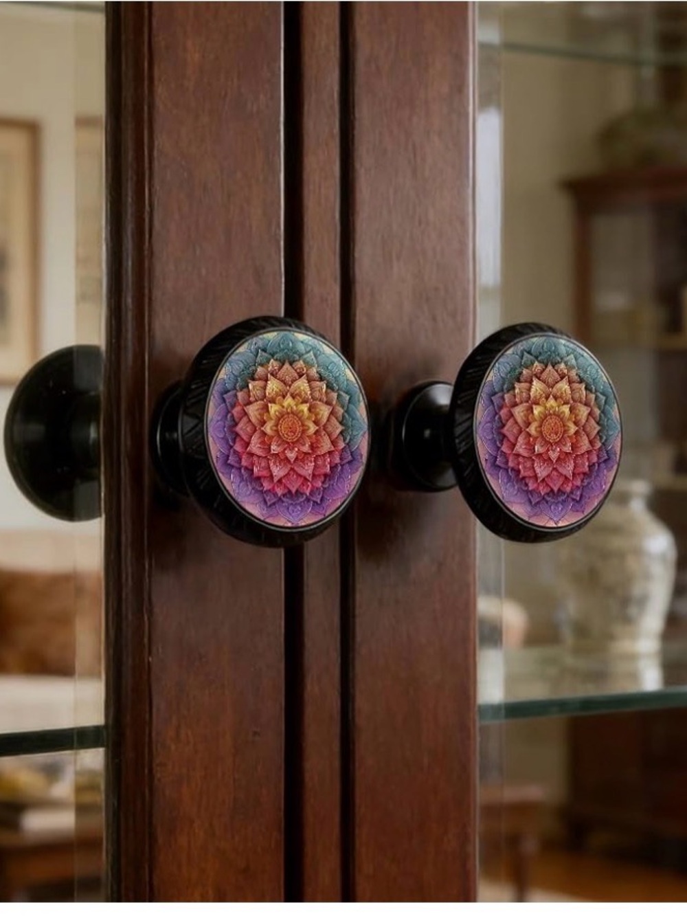 Multicolor Mandala Glass Wall Hook Knob — Vibrant Rainbow Accent